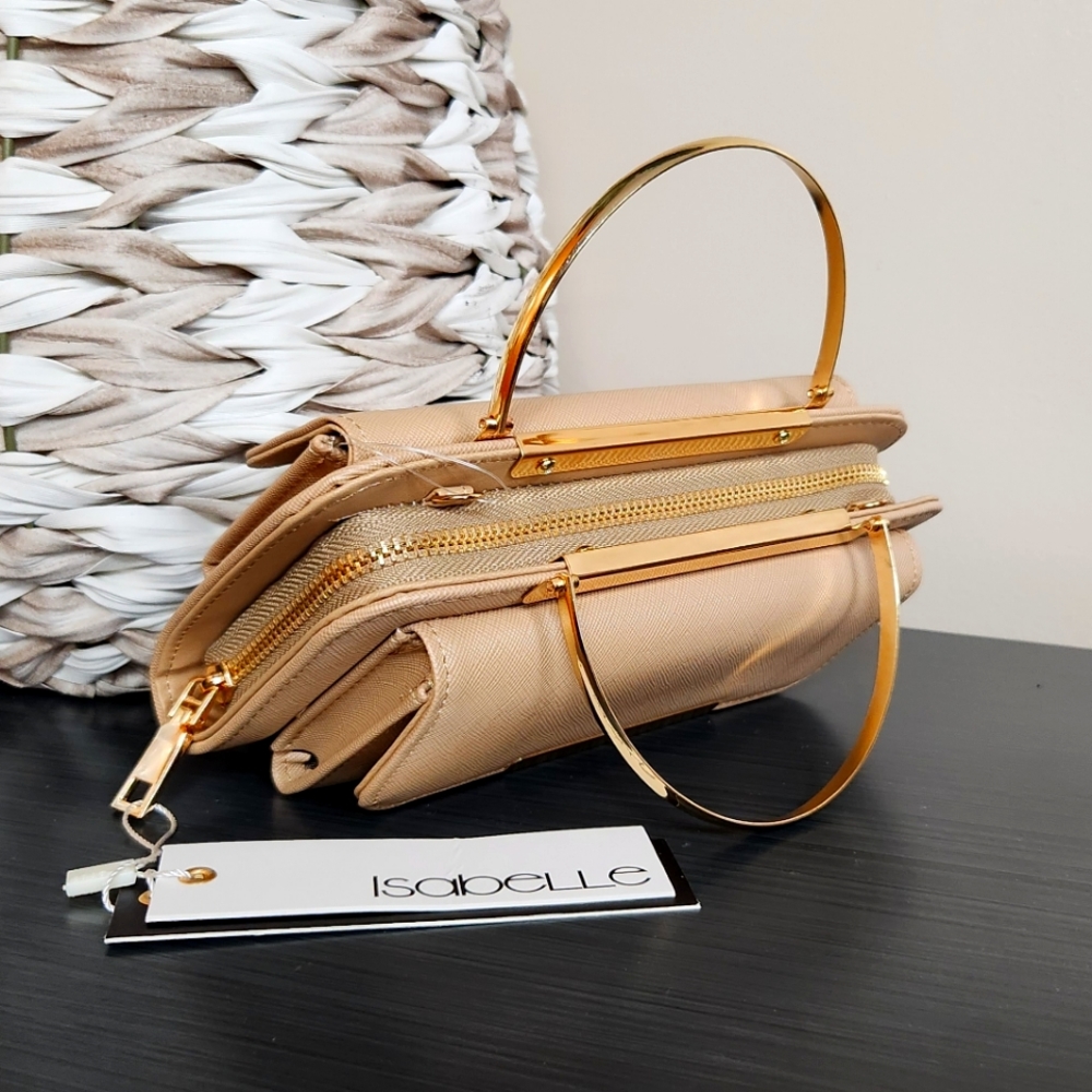 ISABELLE | TAN WITH GOLD ACCENTS, CLUTCH WITH CROSSBODY STRAP